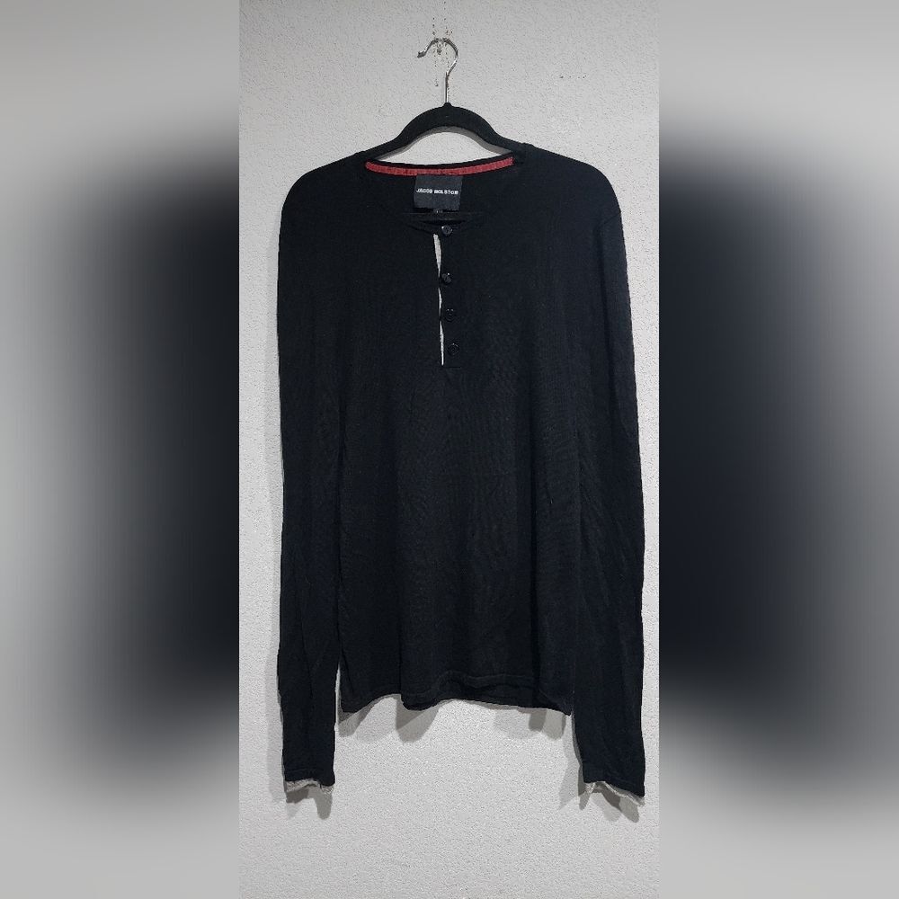 Jacob Holston Mens Silk Cashmere Long Sleeves Black Button-Down Sweater Size L